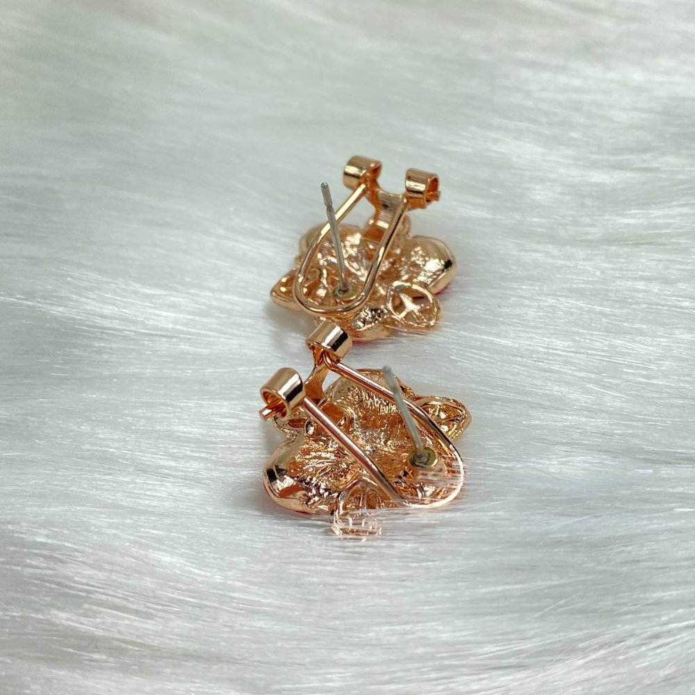 Pink Roses Gold Tone AB Rhinestone Pierced Earring - Picture 7 of 10